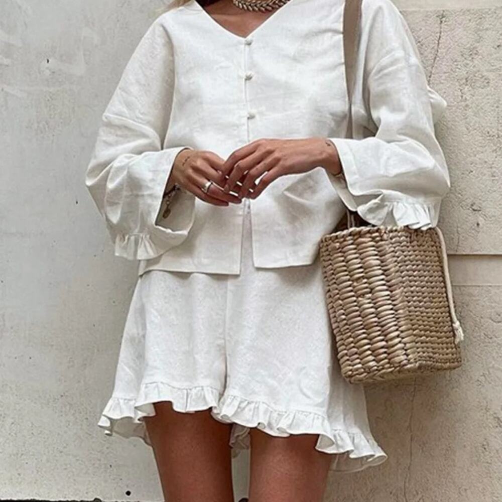 NWT REVOLVE & LUXURY lovers COMMENSE 2pc short ruffle set 100% cotton white M